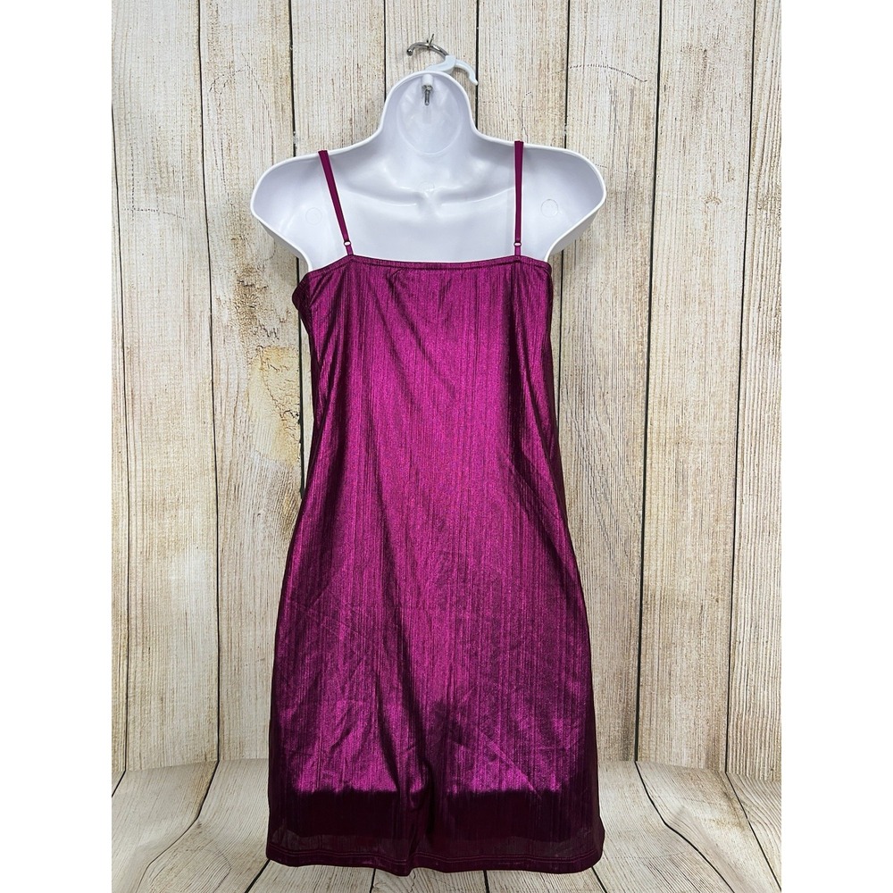Y2K Mini Slip Dress XL Magenta Satin Cowl Neck Mini Glam Party Metallic Rave - Picture 6 of 7